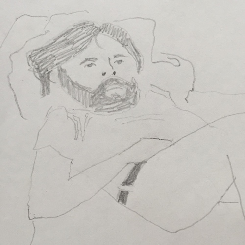 Sketch of a man with long hair and a beard laying on a couch